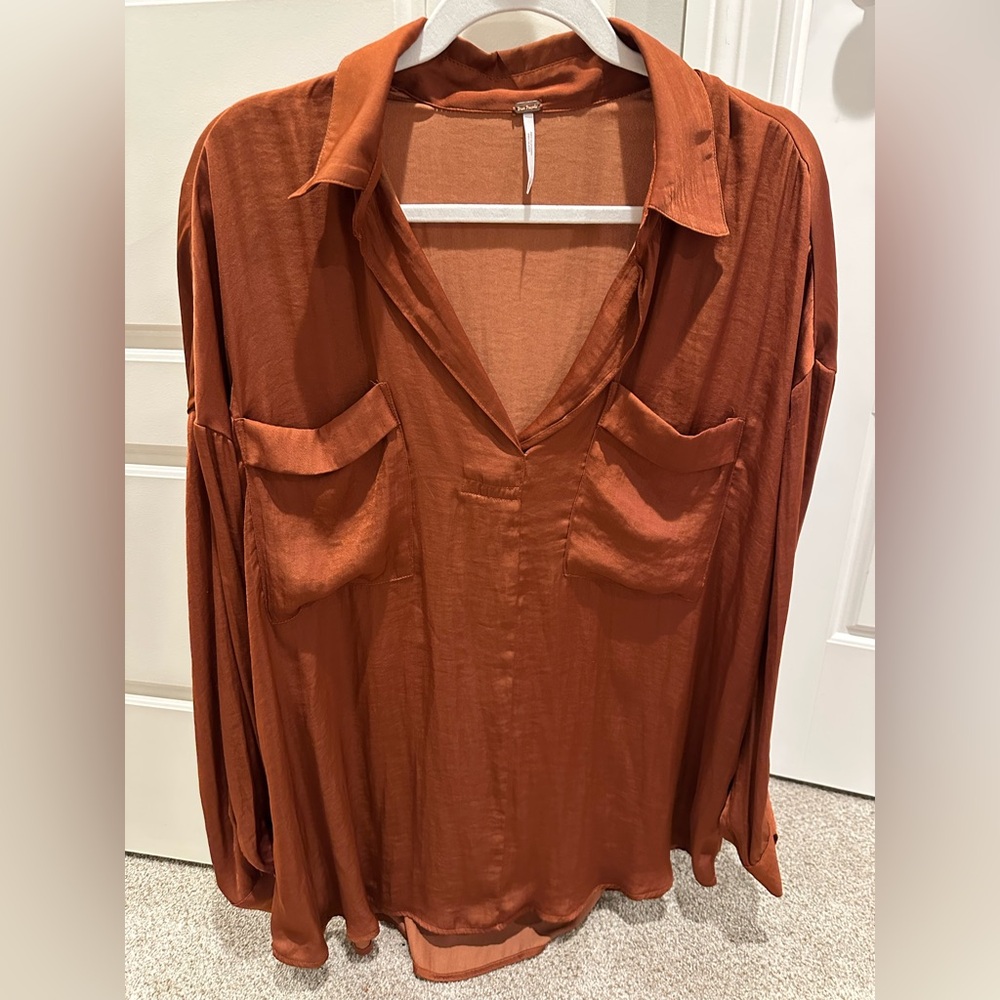 Free People Brown Long Sleeve Notched Collar Blouse